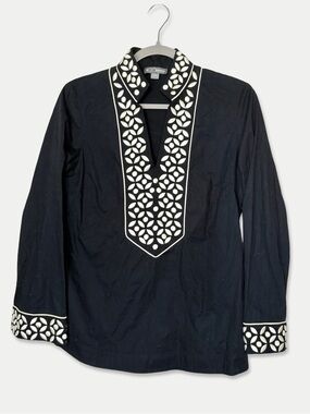 Go Silk Petite Black Embroidered Tunic Blouse PM Cotton Stretch Boho